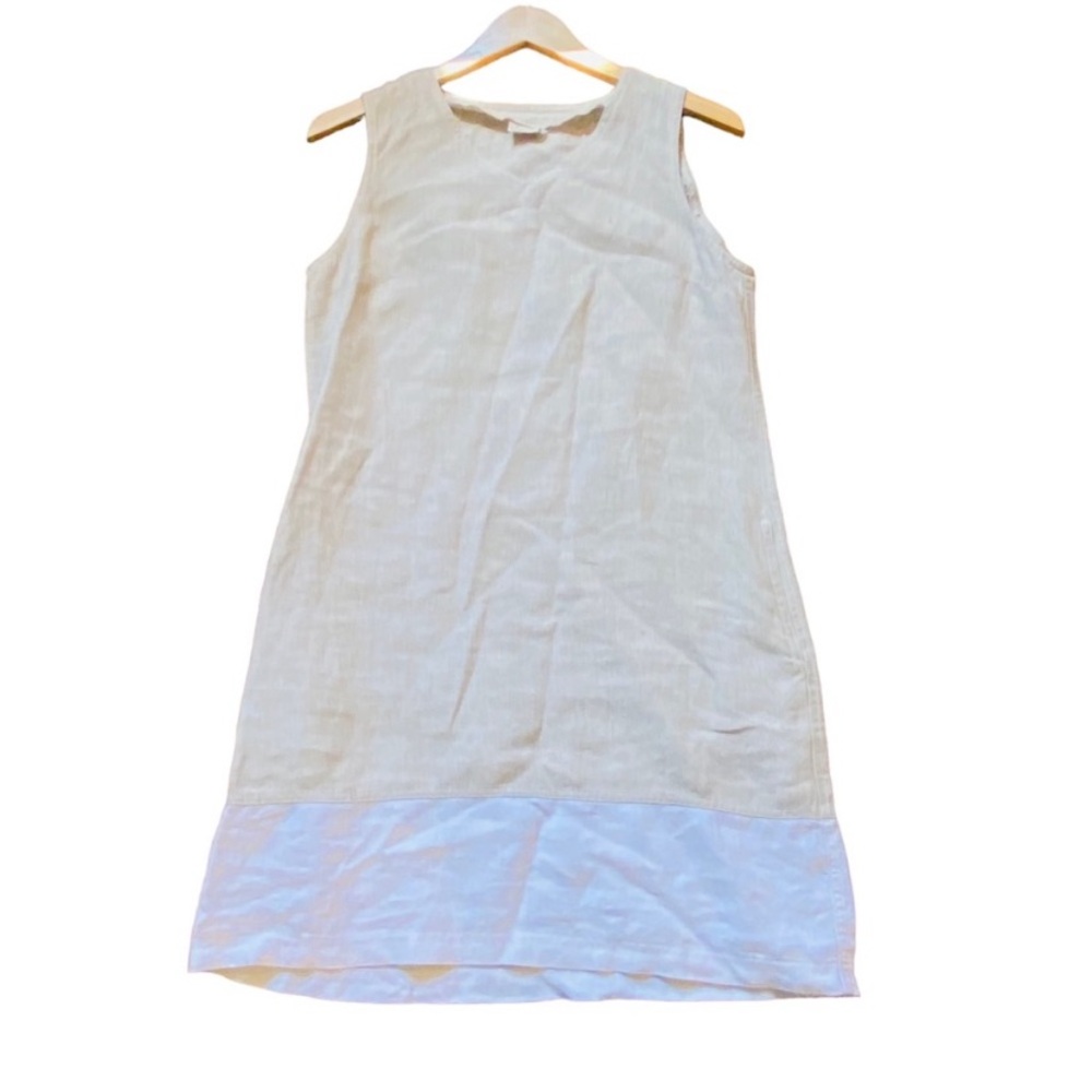 ILINEN Colorblock Tan Cream 100% Linen Shift Dress